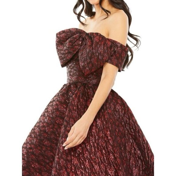 Mac Duggal Size 4 Red 68622 Brocade Off Shoulder Bow Detail Mini Cocktail Dress - Picture 3 of 7